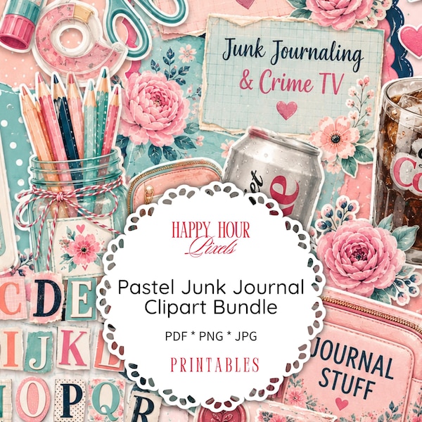 Ensemble de clipart pastel pour junk journal | Éphémères de scrapbooking à imprimer | PNG, JPG et PDF | Autocollants découpés avec précision