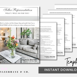 Könnte beinhalten: Eine druckbare Vorlage für Immobilienmakler, die sie verwenden können, wenn sie Verkäufer vertreten. Die Vorlage zeigt ein Wohnzimmer mit einem Sofa, einem Couchtisch und Blumen. Der Text auf der Vorlage lautet "Seller Representation" und "What I will do for you!" Die Vorlage enthält auch den Text "YourName, REALTOR®" und "RE/MAX 123-456-7890".
