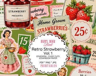 Strawberry Shortcake Printable Bundle | Vintage Inspired Recipe Cards, Stickers, Tags & Junk Journal Ephemera