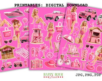 Pink Beach Girlie Ephemera Bundle | Summer Vacation Planner Stickers (PNG, JPG, PDF)