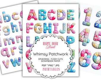 Whimsical Patchwork Letters,Numbers,Clipart Instant Download, Quilt Style Letter