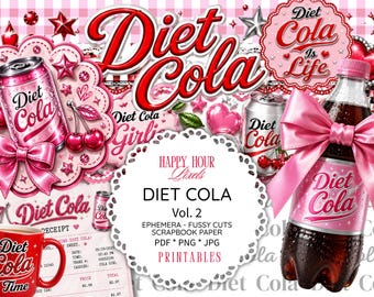 Retro Pink Diet Cola Ephemera, Junk Journal Fussy Cuts, Instant download, Clipart