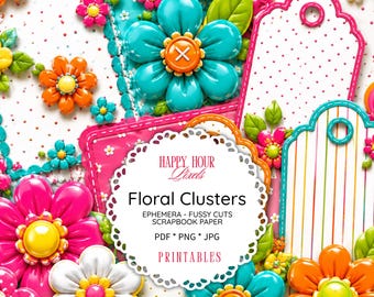 Bright Floral Clusters Ephemera, Fussy Cuts, Scrapbook Paper (PDF, PNG, JPG)
