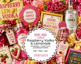 Raspberry Lemon Vodka Ephemera Collection , Summer Scrapbook Clipart Bundle, Lemon Junk Journal, PNG