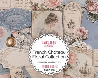 French Chateau Floral Ephemera, Fussy Cuts, Scrapbook Paper (PDF, PNG, JPG)