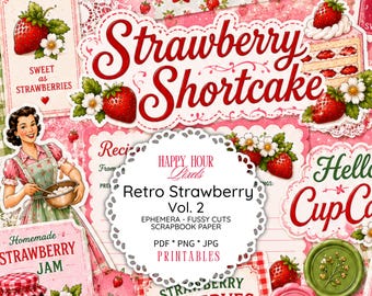 Strawberry Shortcake Printable Bundle | Vintage Inspired Recipe Cards, Stickers, Tags & Junk Journal Ephemera