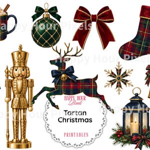 May include: A collection of Christmas-themed digital illustrations featuring a tartan mug, green ornament, red velvet bow, tartan stocking, green tassel, gold nutcracker, tartan reindeer, snowflake, bells, and a lantern with the text Tartan Christmas.