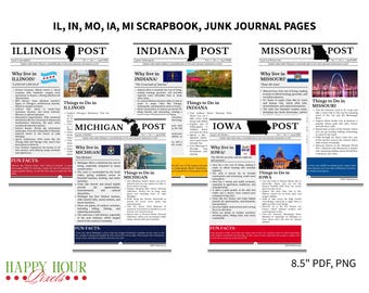 Magazine Newsprint Midwest State Printable, Junk Journal, Scrapbook Paper, Illinois, Iowa, Indiana, Missouri, Michigan