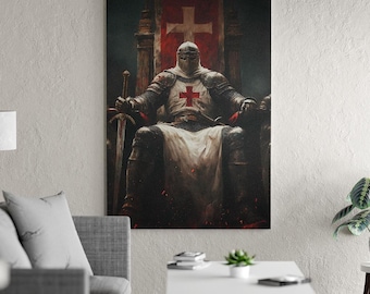 Templar Knight on Throne Canvas Art Print, Medieval Warrior Decor