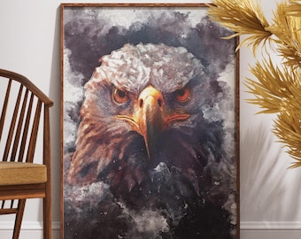 Eagle Head Canvas Art, Animal Watercolor Print, Modern Farmhouse Wall Hanging, Powerful Bird Artwork
