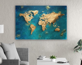 Gold World Map Canvas Print: 3D Blue Ocean Texture, Modern Wall Art