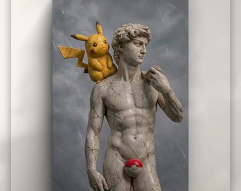 David Statue Pikachu Pokeball Canvas Print | Modern Pop Art | Pokemon Gaming Room Decor