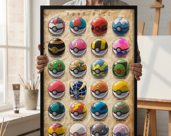 Vintage Poké Ball Poster, Gaming Poster Print, Gaming Wall Art, Gaming Art Decor, Pokemon Poster, Gamer Gift, Pokemon Canvas Wall Decor