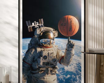 Astronaut Basketball Poster, Mars Space Wall Art, Sci-Fi Slam Dunk Print, Unique Space Lover Gift, Modern Home Decor