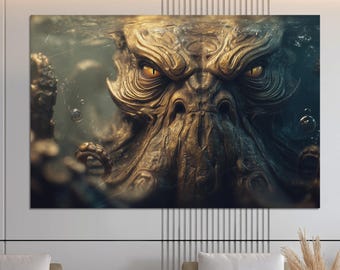 Kraken Monster Canvas Print, Underwater Creature Wall Art, Golden Bronze Dark Fantasy Decor