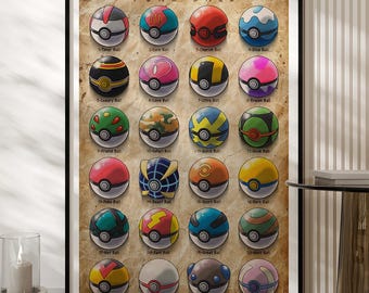 Pokemon Poke Ball Poster, Poke Balls Art Print, Gaming Wall Art, Gamer Room Decor, Anime Fan Gift, Retro Style