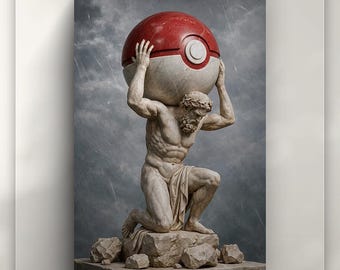 Poké Ball Poster, Zeus Carrying Poké Ball Statue | Mythology Wall Decor | Pokemon Sculpture Print | Pokemon Poster
