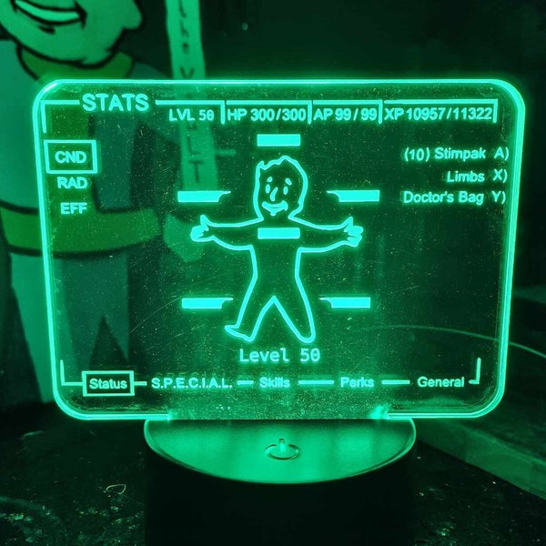 Schermo delle statistiche di Fallout Pipboy. Personalizzabile, luce acrilica LED, luce Fallout, Pipboy, luce per videogiochi, personalizzata, luce personalizzata, regalo Fallout
