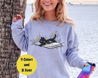 Cat Book Sweatshirt, Book Gift, Unisex Crewneck Sweater, Reading Sweater, Cat Lover, Bookish Shirt, Cat Book Shirt, Gift for Book Lovers
