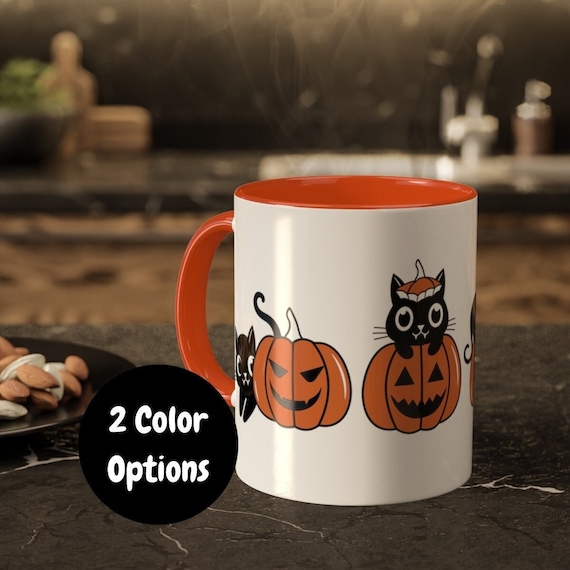 Pumpkin Black Cat Mug, Halloween Gift, 11oz Cup, Black, Orange, Holiday Mug