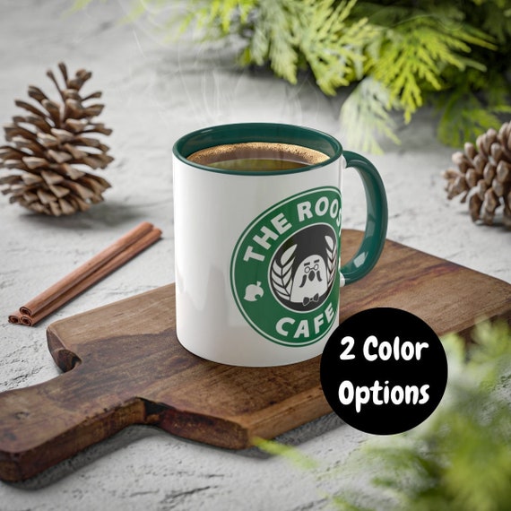 Roost Cafe Dark Green Or Black Mug, Ceramic 11oz Coffee Cup, Animal Crossing