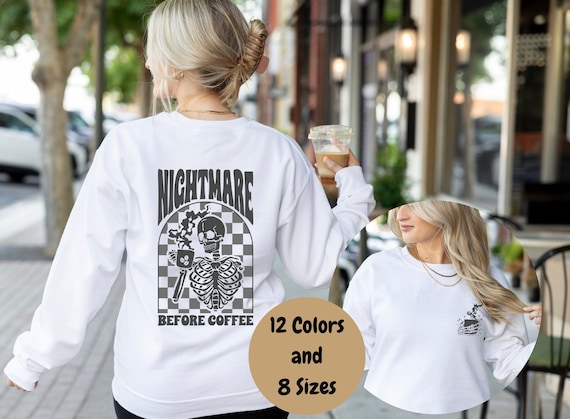 Nightmare Coffee Halloween Sweater, Gift, Skeletons, Unisex Crewneck Sweatshirt, Holiday Apparel, Nightmare Before Coffee, Cozy
