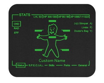 Custom Pipboy Mouse Pad, Fallout Black Mouse Pad, Video Game Gift, Fallout Gift, Personal Gift, Pipboy Stat Screen