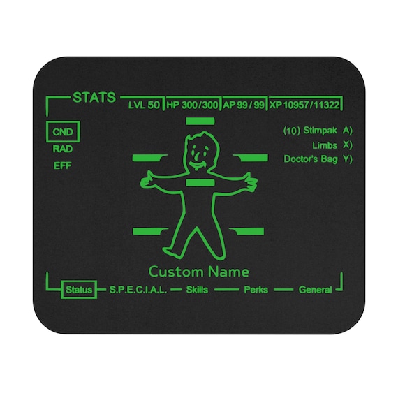 Custom Pipboy Mouse Pad, Fallout Black Mouse Pad, Video Game Gift, Fallout Gift, Personal Gift, Pipboy Stat Screen
