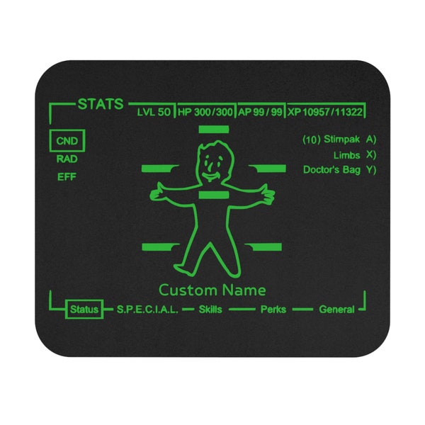 Custom Pipboy Mouse Pad, Fallout Black Mouse Pad, Video Game Gift, Fallout Gift, Personal Gift, Pipboy Stat Screen