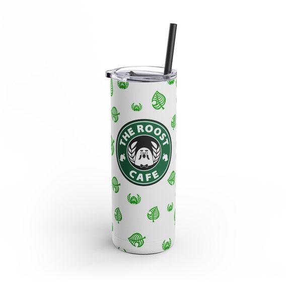 Roost Cafe 20oz Skinny Tumbler, Animal Crossing Stainless Steel Tumbler, Tumbler with Lid and Straw, Video Game Cup