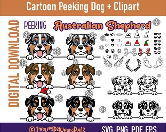 Peeking Australian Shepherd SVG | Dog Breed SVG Bundle | Peeking Aussie PNG | Cartoon Aussie Portrait | Dog Clipart | Commercial License
