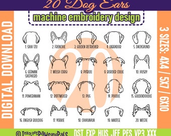 Dog Ears Machine Embroidery Bundle | Digital Stitch Files | Includes Frenchie, Dachshund, Golden Retriever | Sizes 4x4, 5x7, 6x10