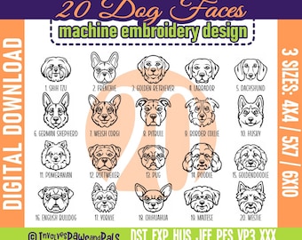 Dog Face Machine Embroidery Bundle | Digital Stitch Files | Includes Goldendoodle, Pitbull, Maltese, Pug | Sizes 4x4, 5x7, 6x10