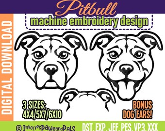 Digitized Pitbull Machine Embroidery Designs | Pittie Embroidery Stitch Files | Dog Ear Embroidery | Hoop Sizes 4x4, 5x7, 6x10