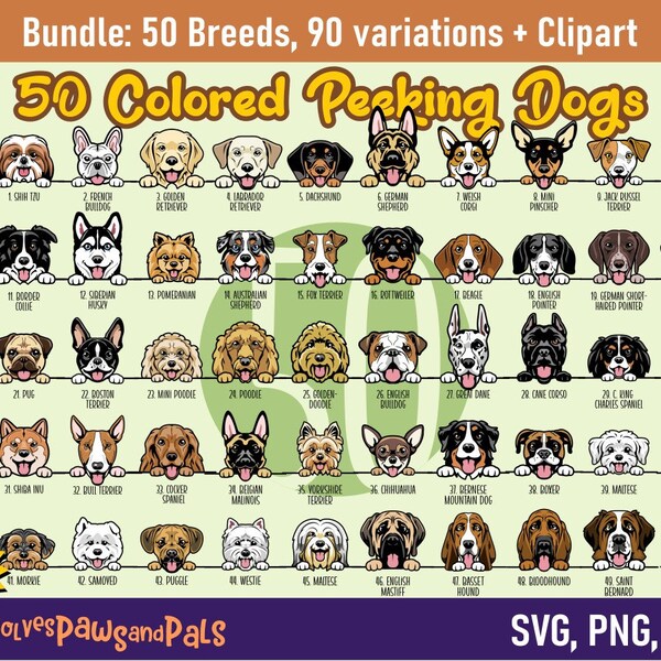 Peeking Dog SVG Bundle in Color - 50 Dog Breeds, 96 Portraits | Includes Goldendoodle, Yorkie, Pitbull Clipart | Commercial License