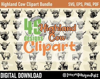 Highland Cow SVG Bundle - 45 Designs #4 | Floral Highland Cattle PNG | Cow Head SVG Clipart | Files for Cricut | Commercial License