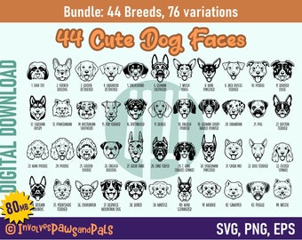 Dog Face SVG Bundle - 44 Breeds |  Cute Dog Cartoon PNG Including Goldendoodle, Pitbull, Maltese, Westie | Commercial License