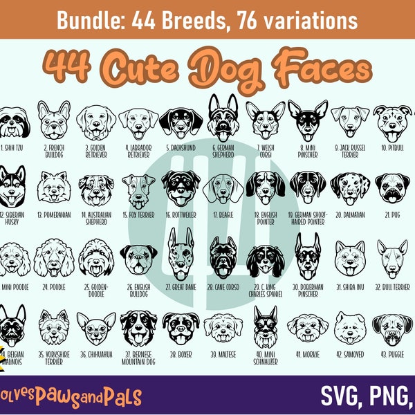 Dog Face SVG Bundle - 44 Breeds |  Cute Dog Cartoon PNG Including Goldendoodle, Pitbull, Maltese, Westie | Commercial License