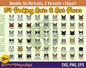 Cat Clipart Bundle | Peeking Cat Color SVG Bundle - 54 Cat Portraits | Includes Scottish Fold, Persian, Black Cat | Commercial License