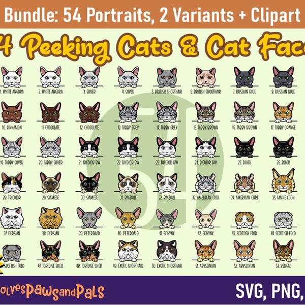 Cat Clipart Bundle | Peeking Cat Color SVG Bundle - 54 Cat Portraits | Includes Scottish Fold, Persian, Black Cat | Commercial License