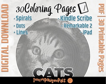 Dessins relaxants de chat spiroglyphique| Points et lignes unicolores | Livre de coloriage pour adultes Op Art pour soulager le stress | Pages de coloriage PDF imprimables
