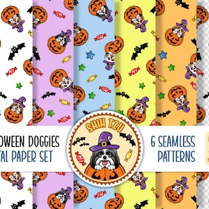 Shih Tzu Halloween Pack de papier numérique | Modèle d'Halloween sans couture mettant en vedette Shih Tzu furtif portant un chapeau de sorcière | Licence commerciale