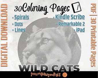 Spiroglyphes relaxants - Chats sauvages | Spirales, points et lignes monochromes | Livre de coloriage pour adultes pour Kindle Scribe | Coloriages à imprimer