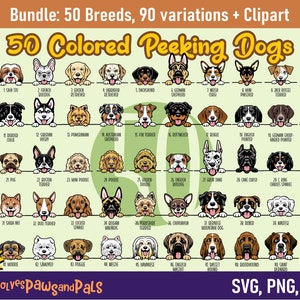Peeking Dog SVG Bundle in Color - 50 Dog Breeds, 96 Portraits | Includes Goldendoodle, Yorkie, Pitbull Clipart | Commercial License