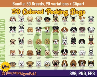 Ensemble SVG chien furtif en couleur - 50 races de chiens, 96 portraits | Comprend un clipart Goldendoodle, Yorkie, Pitbull | Licence commerciale