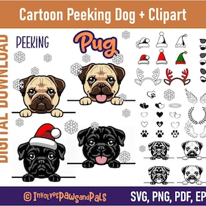 Peeking Pug SVG | Peeking Dog SVG | Cartoon Pug PNG and Clipart | Commercial License