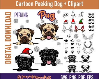 Peeking Pug SVG | Peeking Dog SVG | Cartoon Pug PNG and Clipart | Commercial License