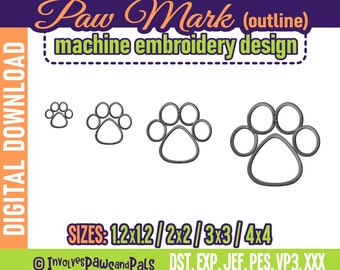 Outline Paw Print Embroidery Design - 4 Sizes | Silhouette Paw Mark Machine Embroidery Stitch Files: DST, JEF, PES | Sizes 1.2" to 4"