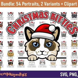 Christmas Cat Clipart Bundle | Peeking Cat Color SVG Bundle - 54 Cat Portraits | Includes Ragdoll, Siamese, Black Cat | Commercial License