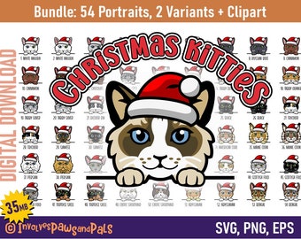 Christmas Cat Clipart Bundle | Peeking Cat Color SVG Bundle - 54 Cat Portraits | Includes Ragdoll, Siamese, Black Cat | Commercial License
